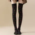 Black over-the-knee cotton socks featuring cute red heart prints, perfect for sweet dates. - One Size / Black with Small Hearts