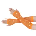 Orange rhinestone fishnet fingerless gloves, elastic mesh arm sleeves for party and dance. - One Size / Orange