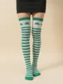 Calcetines altos de trébol verde San Patricio a rayas sobre la rodilla para fiesta - Calcetines a Rayas de Doble Trébol