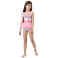 Girls cute pink mermaid scale print one-piece swimsuit with tulle ruffles for beach. - S / Rainbow Pink