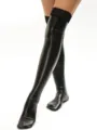 Black faux leather over knee socks with lace trim, glossy finish, sexy thigh high hosiery. - One Size / Black With Lace Trim