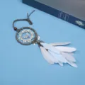 Blue dreamcatcher car charm with deer pendant, fluffy feathers and star accents for mirror. - Gray