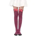 Calcetines hasta la rodilla a rayas negras y rosas con lazos rojos de lunares, vista detallada. - Talla única / Calcetines a rayas rosa y negro con lazo de lunares