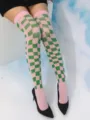Pink and green checkerboard over the knee stockings stylish thigh high socks for women outfit - One Size / Pink and Green Checkerboard