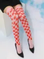 Pink and red checkered over-the-knee stockings, stylish thigh high socks for women. - One Size / Pink and Red Checkerboard