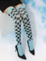 Fashion blue and black checkered over the knee stockings unique pattern design for women daily wear - One Size / Blue and Black Checkerboard