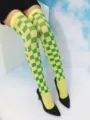 Yellow and green checkerboard over-the-knee stockings for women, stylish fashion tights. - One Size / Yellow and Green Checkerboard