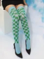 Bas cuissardes à carreaux verts et bleus, chaussettes géométriques élégantes et tendance. - Taille unique / Damier Bleu et Vert