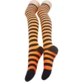 Chaussettes hautes rayées noir et orange variante pour cosplay et mode quotidienne. - Taille unique / Fines Rayures Orange et Noir
