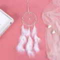 White dream catcher wall hanging with feathers and pearls for home bedroom decor. - White / White