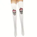 Halloween skull floral print over the knee high socks white thigh high party stockings - One Size / Colorful Large Skull