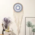 Handmade crochet dream catcher wall hanging with blue white lace and hanging feathers. - Large Dark Blue Dreamcatcher