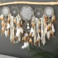 Bohemian handmade large multi-ring dream catcher wall hanging with feathers and lace. - Camel