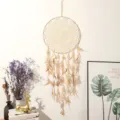 Large handmade feather dream catcher wall hanging, boho home decor wedding wind chime pendant. - Large Beige Style D