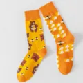 Cute cartoon bear and bee pattern asymmetric cotton socks, stylish mid-calf casual socks for daily wear. - One Size / Orange Bear Bee (Style 8)