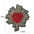 Close up of red rhinestone heart embroidered patch with gold rays showing size dimensions. - 5#