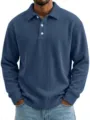 Men's casual solid color corduroy long sleeve polo shirt featuring a lapel collar. - Dark Blue