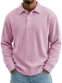 Men's solid color corduroy long sleeve lapel polo shirt casual loose fit top. - Pink