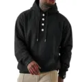 Gros-plan du sweat à capuche en velours côtelé noir avec boutons et tissu texturé. - S / Hauts / Noir
