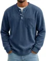 Camisa Henley de Hombre de Corduroy Manga Larga Casual con Bolsillo en el Pecho Azul - S / Tops / Azul marino