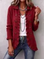 Women maroon knitted cardigan with ruffles and buttons long sleeve casual outerwear. - Red