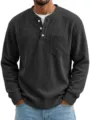 Camisa Henley de Hombre de Corduroy Manga Larga Corte Holgado con Bolsillo en Pecho - S / Tops / Negro