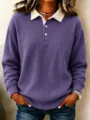 Detailed view of the purple ribbed knit long-sleeve top featuring a white contrast polo collar. - S / Tops / Purple