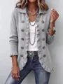 Detailed view of the gray knitted cardigan with cute ruffles, stylish buttons and long sleeves. - Gray