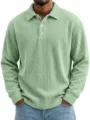 Men's corduroy long sleeve polo shirt casual loose lapel button down top mint green - Light Green