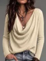 Vue détaillée du pull côtelé pour femmes à col tombant en beige, texture tricot. - S / Hauts / Kaki