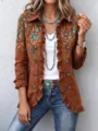 Damen Bohème Vintage Paisley bedruckte Revers Rüschen Knopf Freizeitjacke für Damen - 3XL / Oberteile / Boho Braun