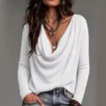 Femme pull en tricot côtelé col cowl manches longues haut décontracté automne hiver - S / Hauts / Blanc