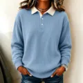 Casual blue ribbed long sleeve top with white lapel collar for women stylish chic - S / Tops / Sky Blue