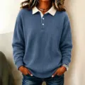 Casual women's blue ribbed long sleeve polo shirt with contrasting white collar and button placket. - S / Tops / Sapphire Blue