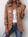 Retro Blumenprint Revers Rüsche einreihige Jacke Detailansicht, lässige Damen Oberbekleidung - 3XL / Oberteile / Khaki Gemustert