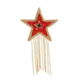 Rhinestone red star patch detail close up with dangling gold chains for DIY apparel decoration. - Red