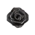 Detailed shot of vintage handmade 3D black rhinestone rose flower brooch accessory for women. - Black