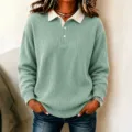 Chic women green ribbed knit polo sweater long sleeve casual top with white contrast collar. - Grass Green