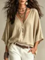 T-shirt femme ample uni col V vue detail, style mode automne confortable et elegant chic. - S / Hauts / Kaki