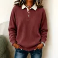 Casual lapel ribbed long sleeve top in burgundy, stylish and versatile for daily wear. - Brick Red