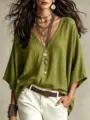 T-shirt femme automne uni ample col V vue de détail, style quotidien confortable et élégant. - Vert