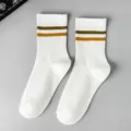 Women white mid-tube socks with green yellow stripes korean style breathable daily wear - White with Green and Yellow Stripes