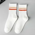 Women's white mid-calf socks with double stripes, breathable casual cotton daily sports. - White Orange Brown Striped