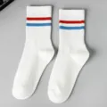 Spring women's white mid-tube socks featuring classic red and blue stripes for casual daily wear. - White Red Blue Striped