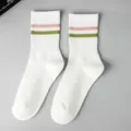 Women mid-calf socks white with pink green stripes casual cotton breathable daily wear - White Pink Green Striped