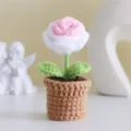 Fleur en pot crochetée à la main mini rose tricotée déco maison ornement de bureau cadeau - MXD06-1 (Rose Tricotée Rose-Blanc)