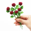 Handmade crochet mini rose bouquet finished product delicate red flowers green leaves gift. - 6-Piece Pack / Burgundy