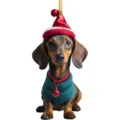 Close-up detail of the cute dachshund Christmas ornament wearing a festive hat and sweater. - Style 5