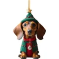 Close-up of cute dachshund Christmas tree ornament with festive hat and red sweater. - 7