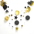 Gold and black glitter star moon paper garland hanging detail close up for bedroom room decor - Circle and Star Garlands - Gold and Black Mixed / 4 Meters